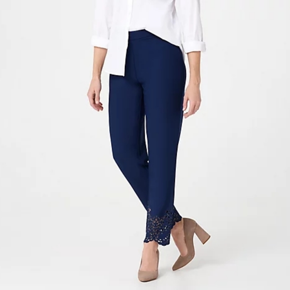 dennis basso Navy Straight-Leg Pants with Lace Hem